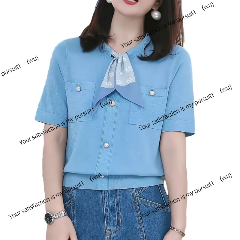 Atasan rajutan sutra Xiaoxiangfeng musim panas, tipis dan sejuk, awet muda, lengan pendek warna biru es untuk wanita