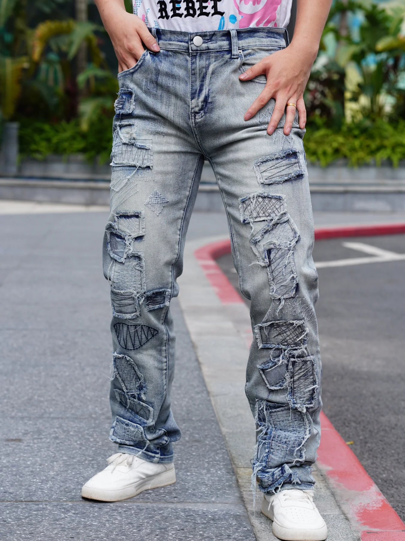 

Classic Men's Denim Jeans Plaid Patterned Straight Leg with Flared Crotch Comfortable Fabric Blue and White Color Scheme