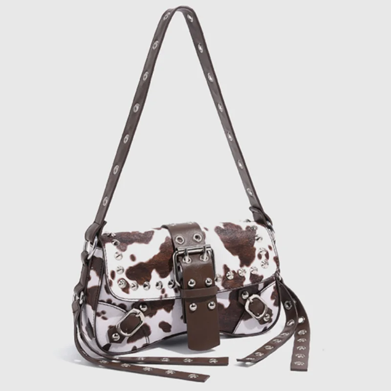 

Cow Print Color-blocked Underarm Bag,Studded Tassel,European American Fashionable Retro Maillard Style Belt Buckle Shoulder Bag