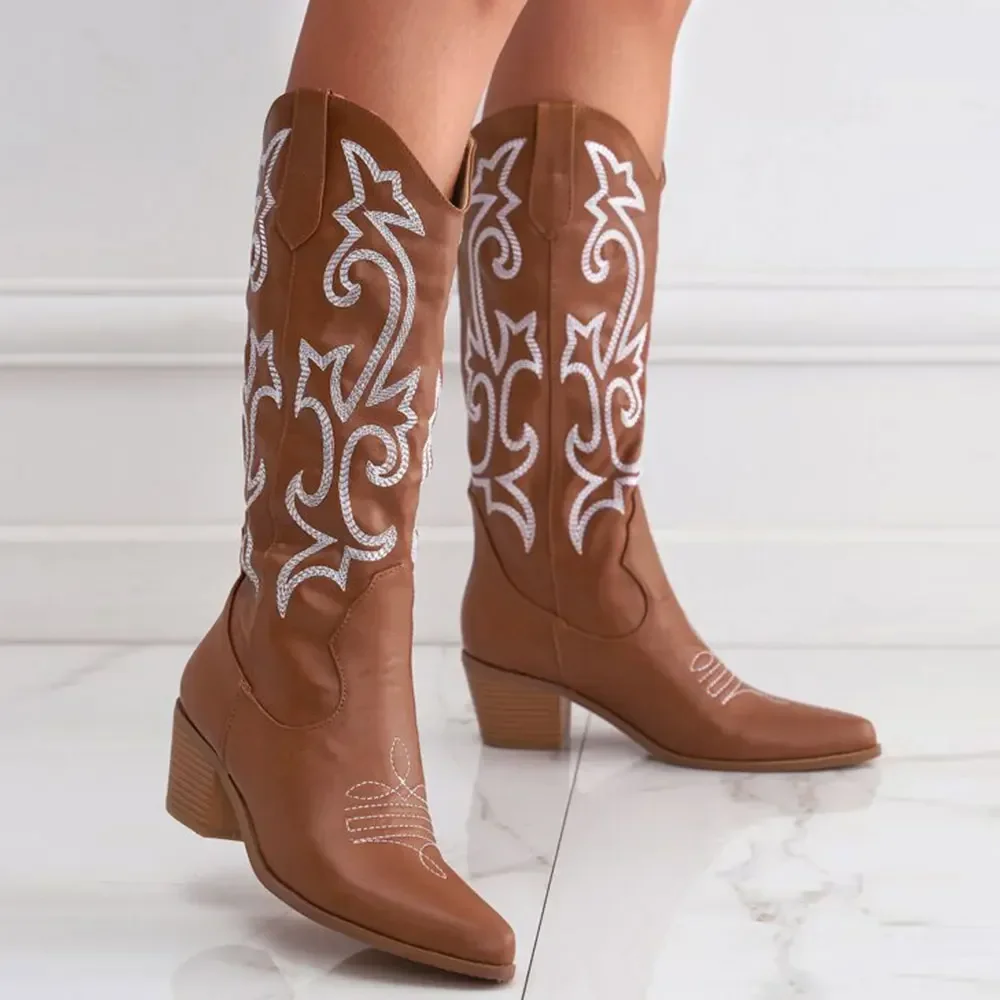 

2023 Cowboy Boots for Women Faux Leaf Scroll Embroidered Point Toe Chunky Heeled Knee High Western Boots Shoes Black White