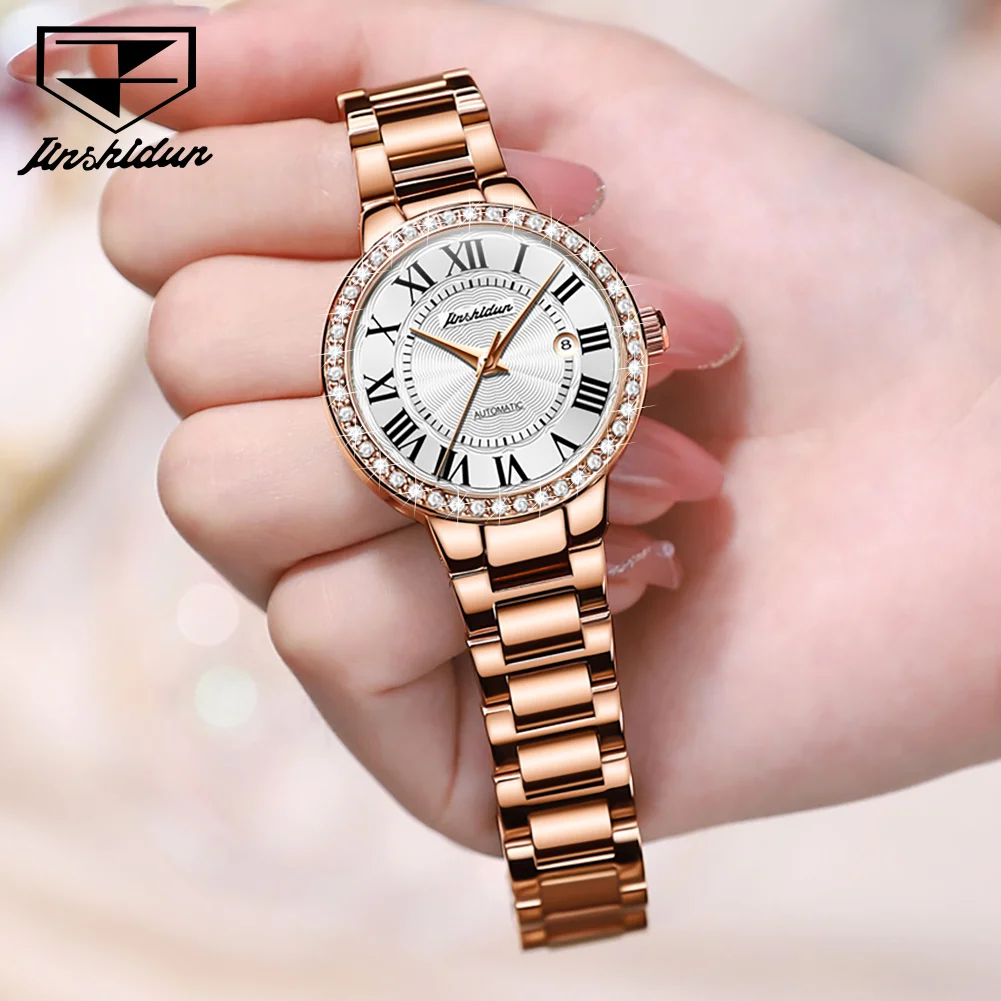 Imagem -02 - Jsdun Relógio Mecânico Automático para Mulheres Rose Gold Steel Strap Classic Retro Numerais Romanos Dial Impermeável Relógio de Pulso Feminino