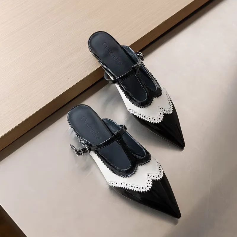 womens brogue mules lady flats basic style shoes natual leather french style pointed toe slippers women spring autumn footwear