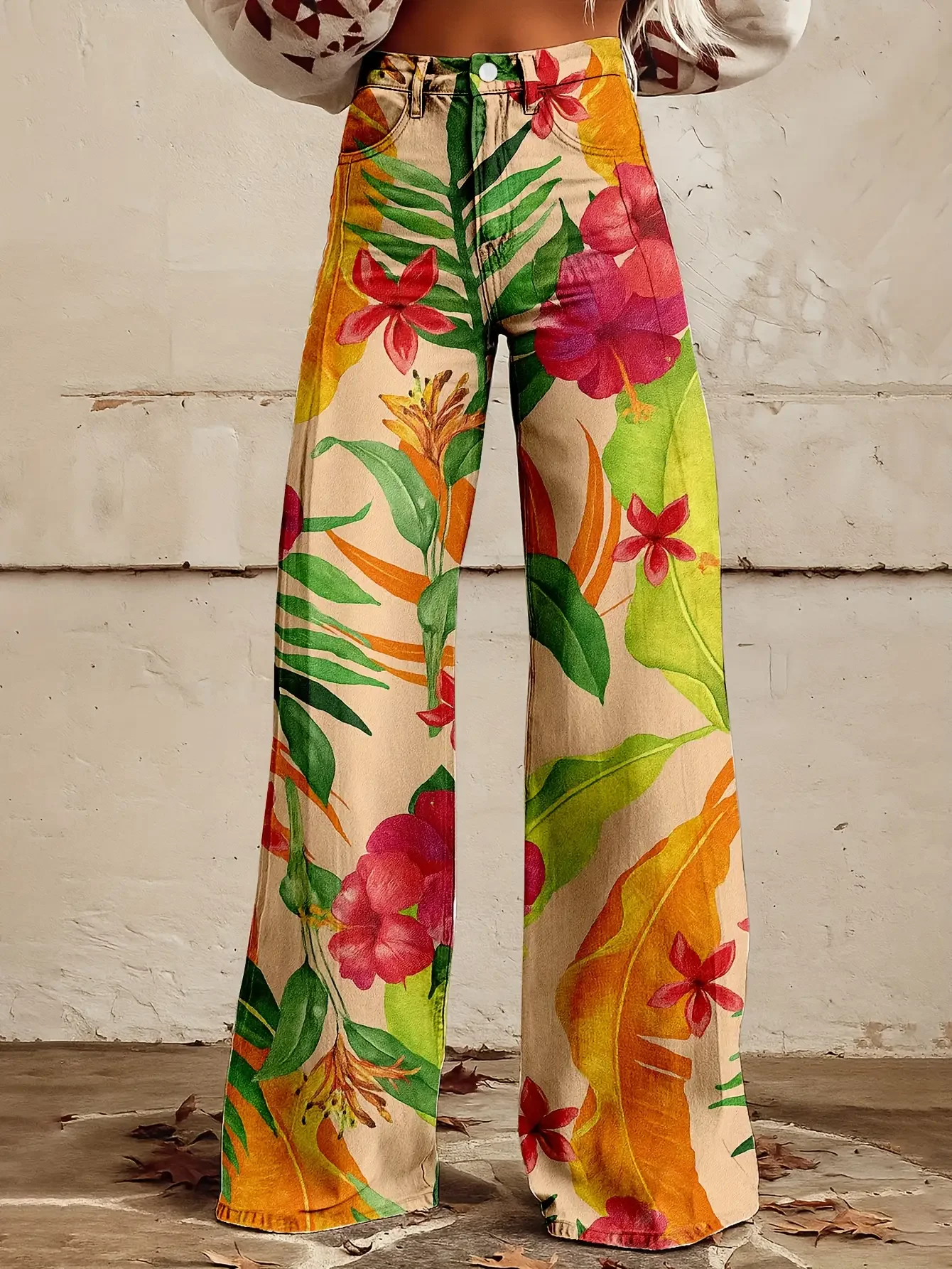 Women's printed geometric pattern wide leg imitation jeans, Extra long full-length waistband with built-in zipper