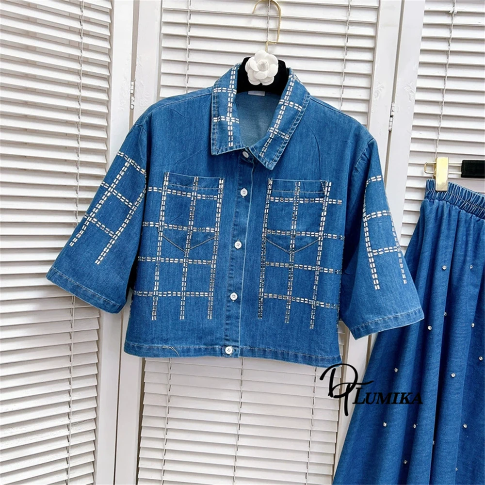 DTLumika 2025 أزياء الزي للنساء، قميص وتنورة من قماش الدنيم الأزرق مطرز مكون من قطعتين، فستان السفر على الشاطئ والخريف والربيع