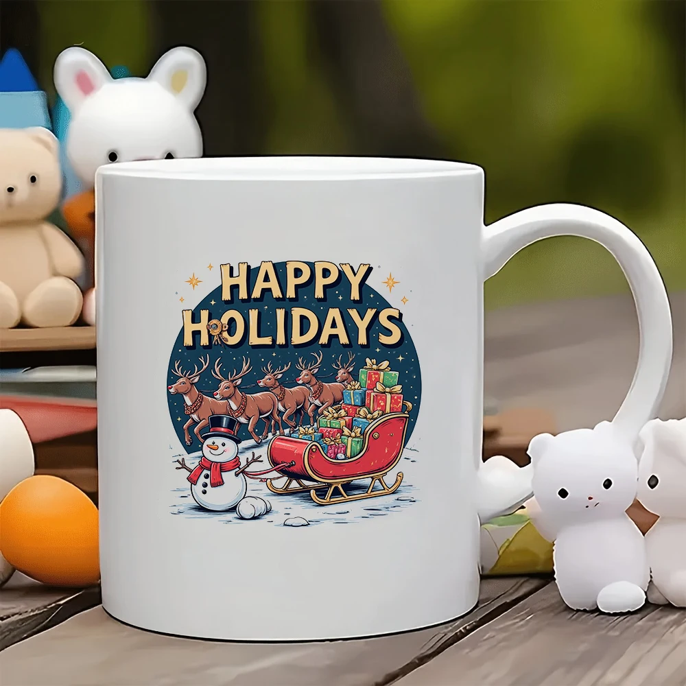 

11oz Christmas Themed Cup + Snowman on Sled + Reindeer + Gift Box - Kids Cup Family Office Coffee Cup - Christmas Gift