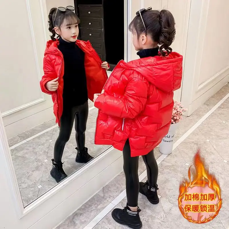 4-12 Years Winter Girls Down Jacket Glossy Waterproof Keep Warm Little Princess Coat Hooded Zipper Outerwear New Kids Clothes