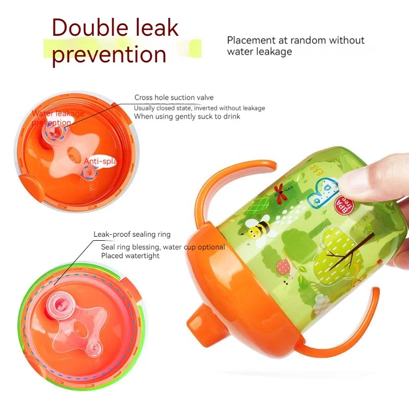 250ML wide caliber baby duckbill cup, milk cup with handle dust cover, preferably made of PP material, drop resistant, BPA free