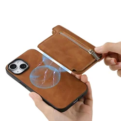 2 in 1 Detachable Magnetic Zipper Cards Solt Wallet Leather Case For iPhone 15 Pro Max 16 Plus 14 13 12 11 XS For Magsafe Cover