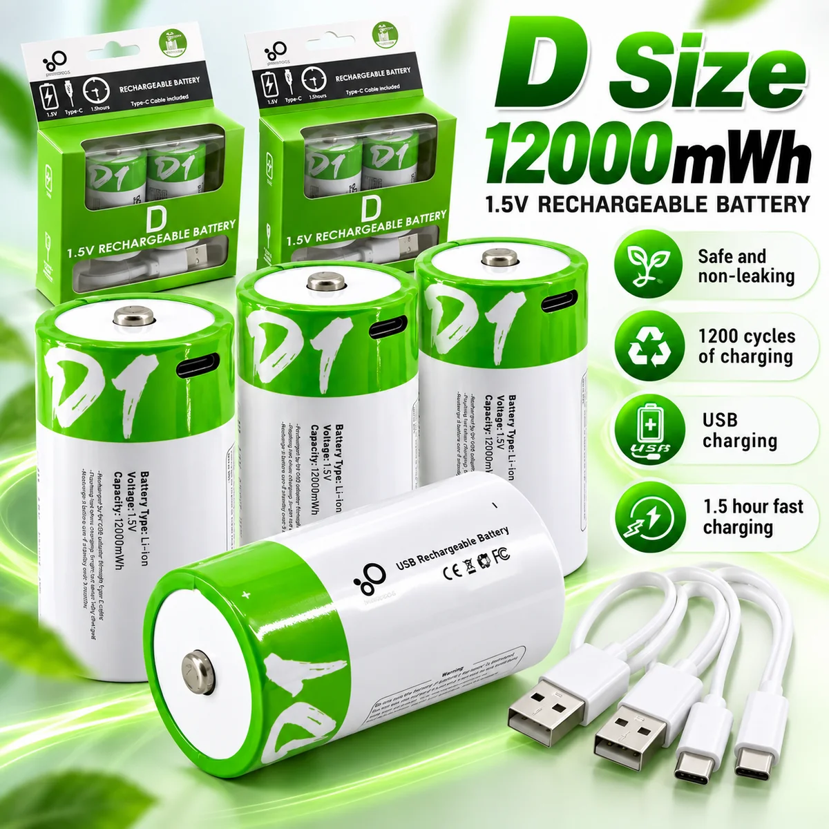 LR20 D Size Rechargeable Lithium Battery 1.5V 12000mWh With Type-C Charging Cable For Flashlights Gas Stoves Water Heaters