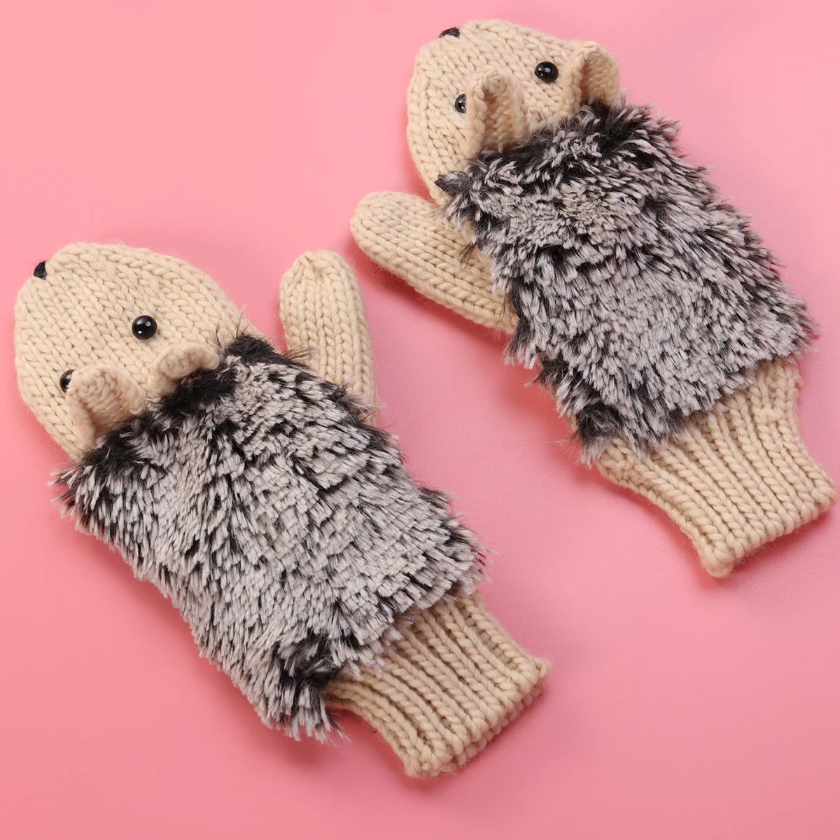 

Warm Gloves Beige Universal Fit Cute Hedgehog Knitted Wrist Warmers For Women Men Winter Thick Ribbed Cuff Functional