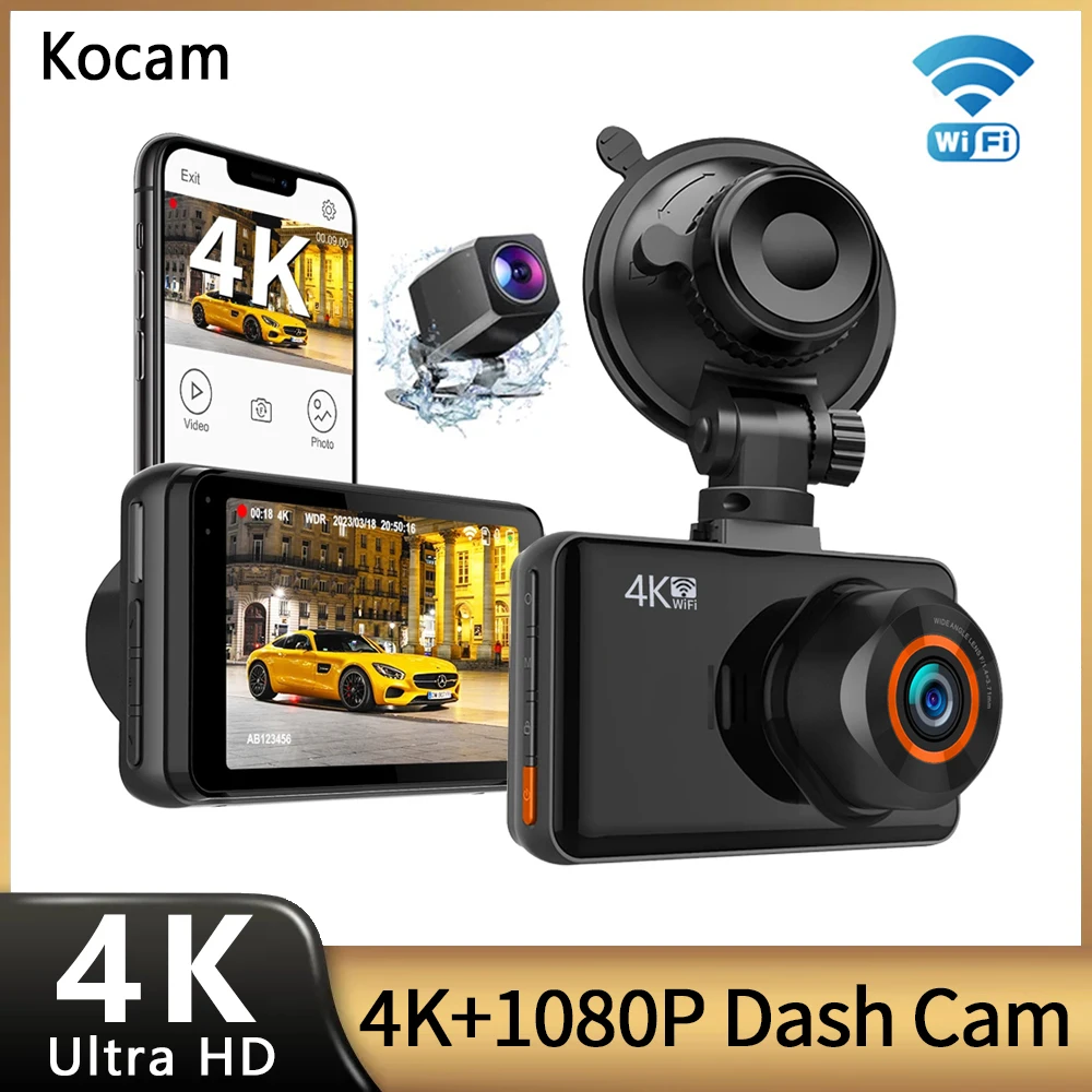 Kocam 4K WiFi Dash Cam for Cars Front and Rear Dual Lens Auto Dashcam Time-lapse Video Built-in Wifi Support 24H Parking Monitor