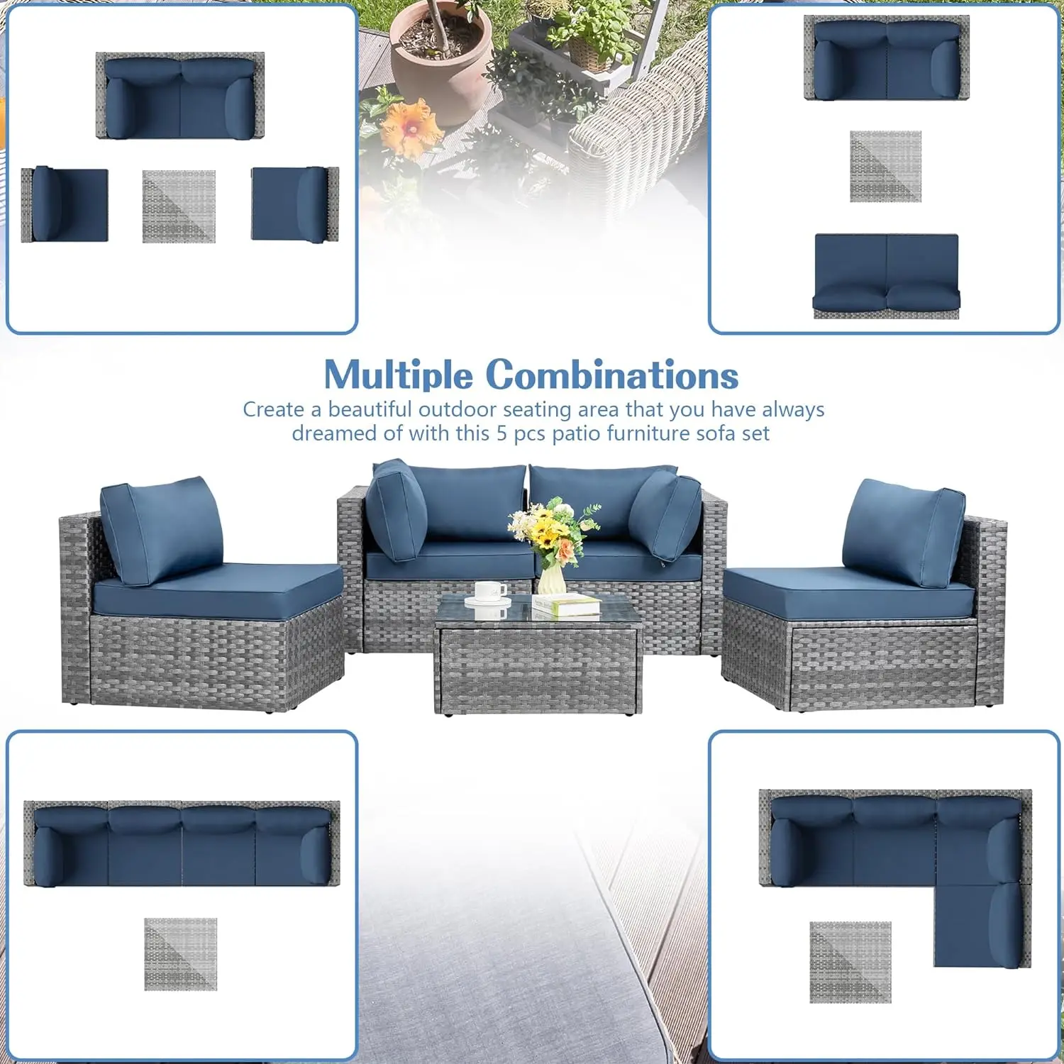 5 Pieces Outdoor Patio Sectional Sofa Couch, Silver Gray PE Wicker Furniture Conversation Sets with Washable Cushions