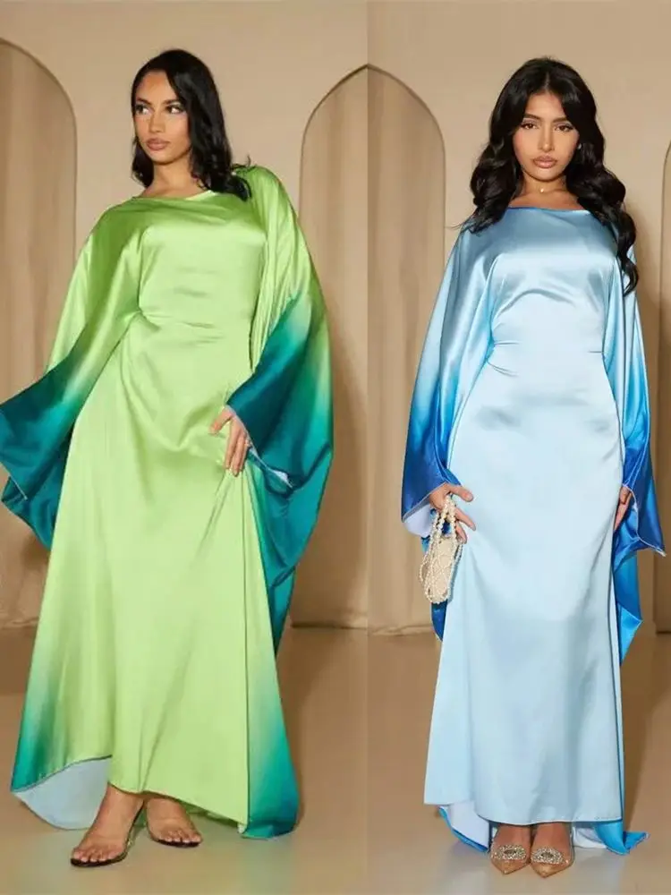 Gradient Color Shiny Batwing Satin Maxi Abaya Dubai Luxury 2024 Abayas For Women Muslim Kaftan Dress Islam Caftan Marocain Femme