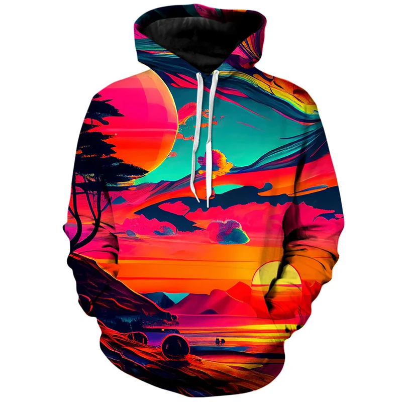 2024 New Street Color Harajuku men's Hooded Sweatshirt 3D Sunset Print Pullover Casual Fashion Loose Design men's Hoodies