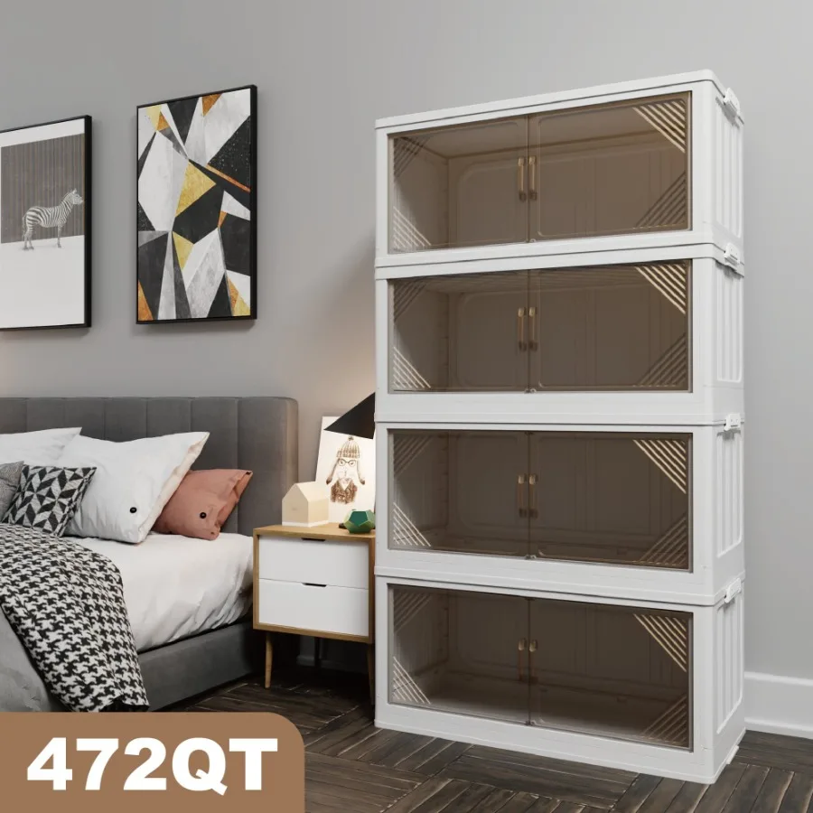 

472QT 4Pack 31.5'' Wide Transparent Plastic Storage Cabinets for Closet Organizers and Storage Folding Storage Box Stackable St