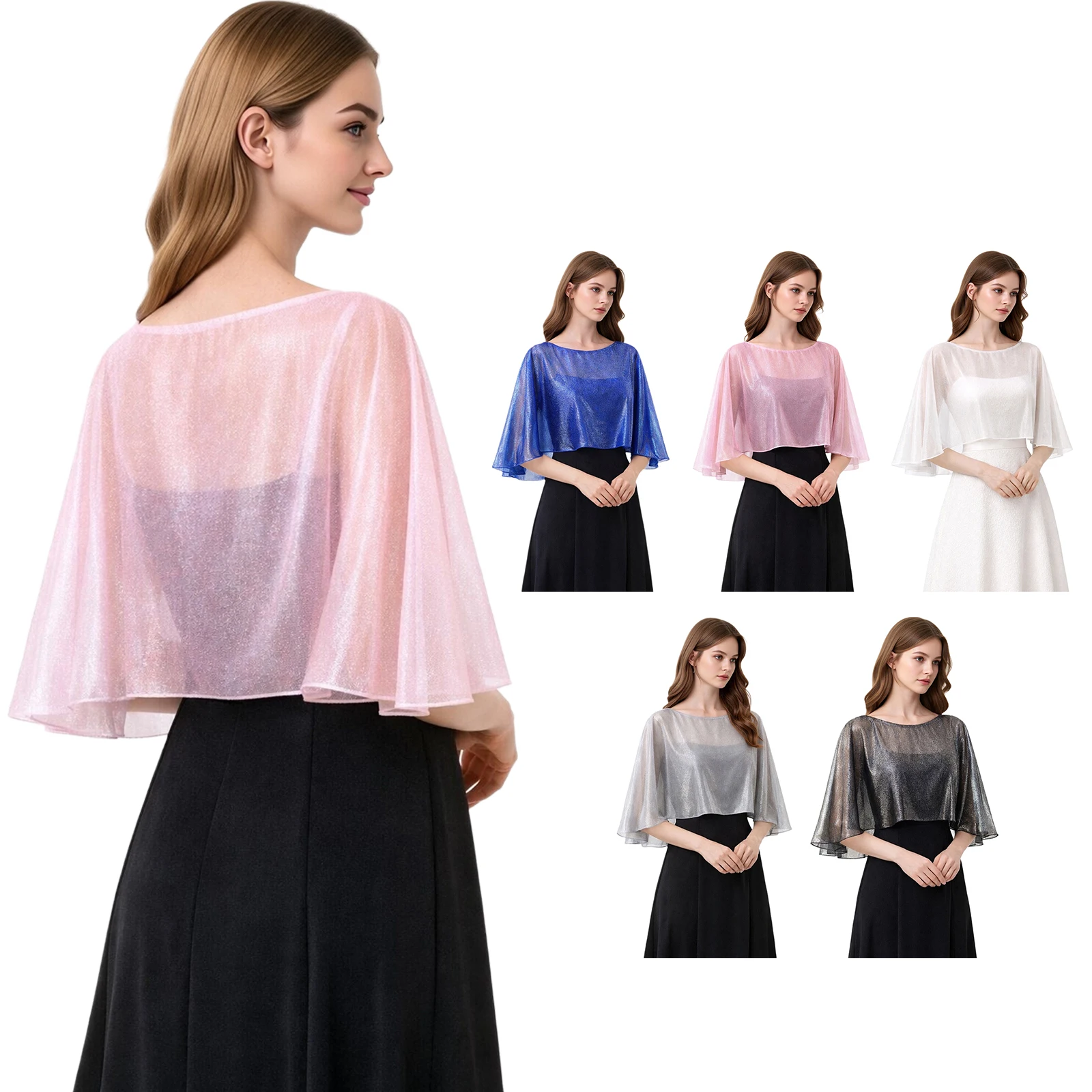 Women Metallic Shimmer Sheer Mesh Bolero Shawls Lightweight Shrugs Wrap Raves Wedding Party Evening Dress Cape Cover-up Poncho
