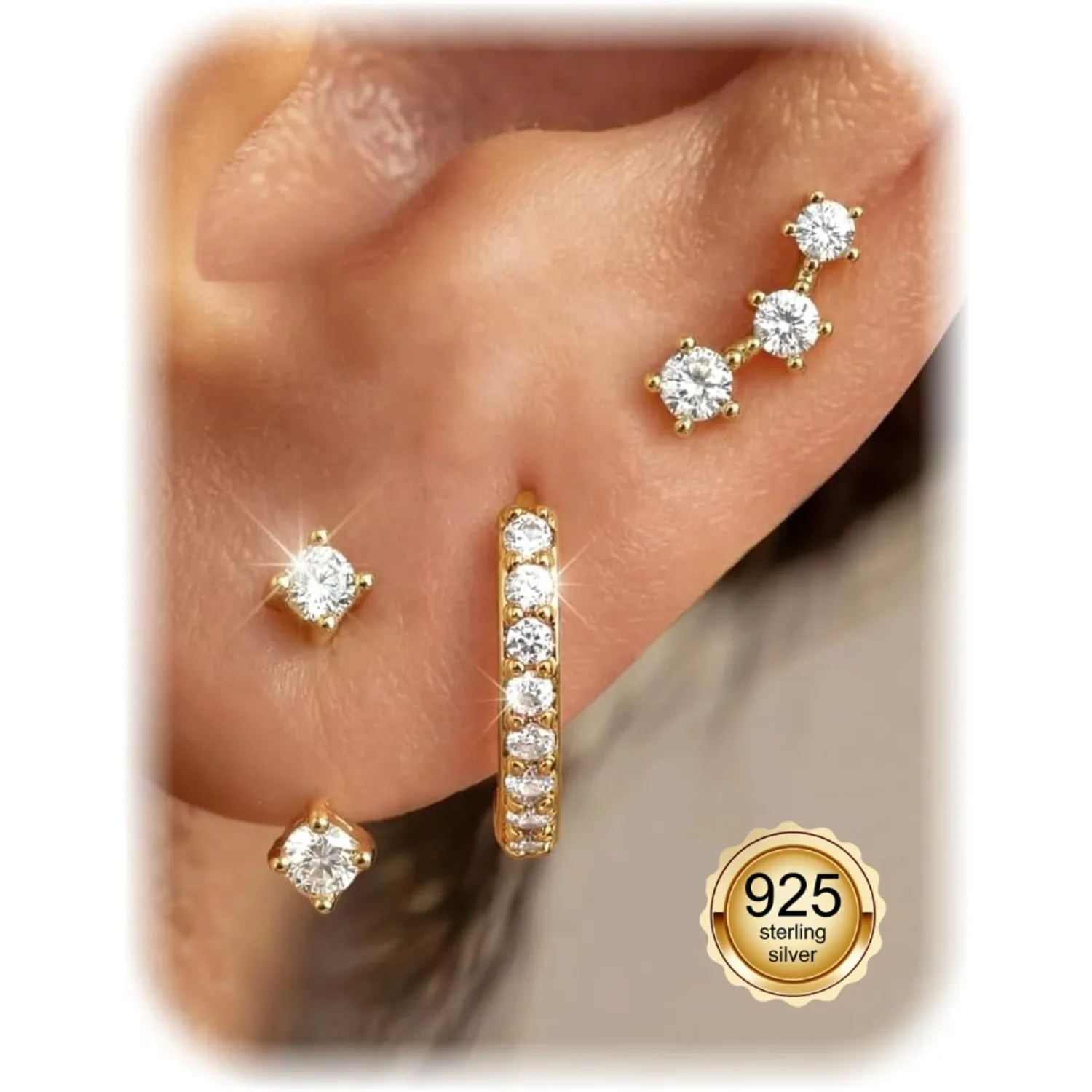 

Fansilver 3Pairs 925 Sterling Silver Hypoallergenic Earrings for Women Trendy 14K Gold Plated Stud Hoop Cartilage Earrings Jewel