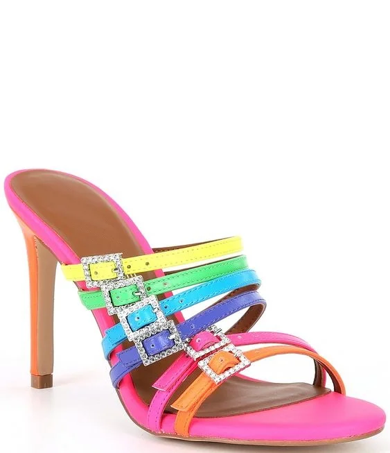 

Strappy Buckle Metallic Rainbow Leather Slide Stiletto Sandals Women Summer New High Heels Slipper Elegant Party Shoes Free Ship