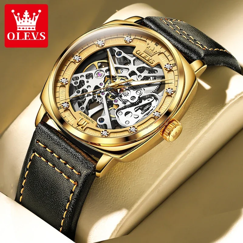 

OLEVS Men's Watches Skeleton Self-winding Mechanical Watch Man Waterproof Leather Strap Luminous Tonneau Wristwatch