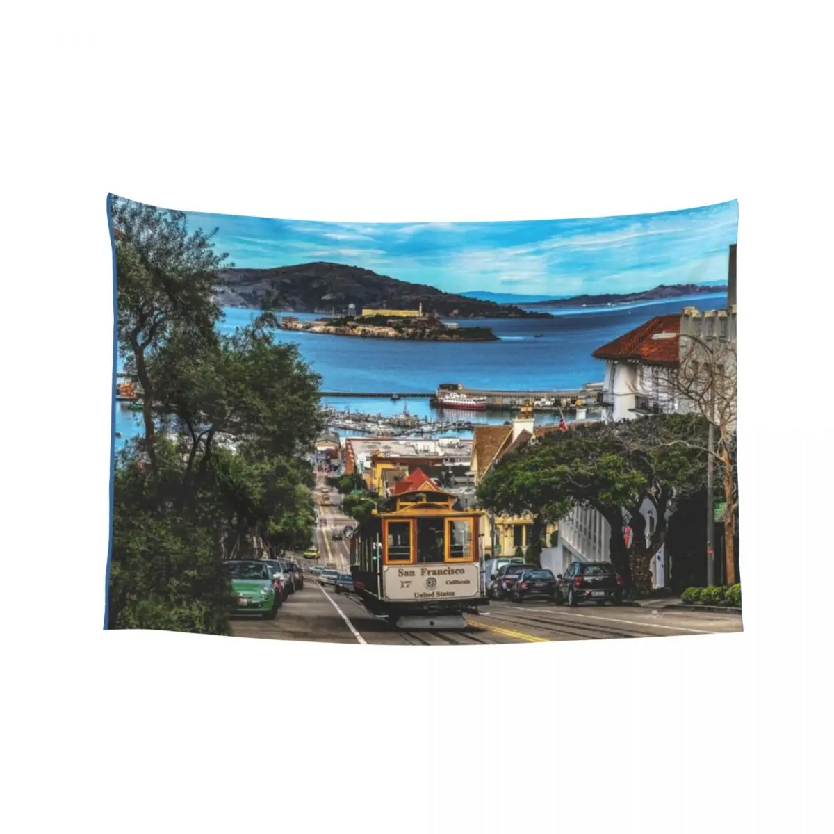 

San Francisco, California - Iconic Cable Car and Alcatraz Island Tapestry Wall Hanging Wall Room Decore Aesthetic Tapestry