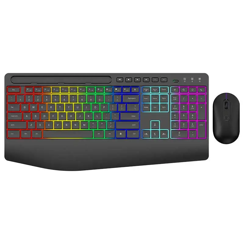 

2.4G Wireless Keyboard & Mouse Combo with Phone Holder,Wrist Rest,Silent Rechargeable Backlit Full Size Ergonomic Keyboard,Mouse