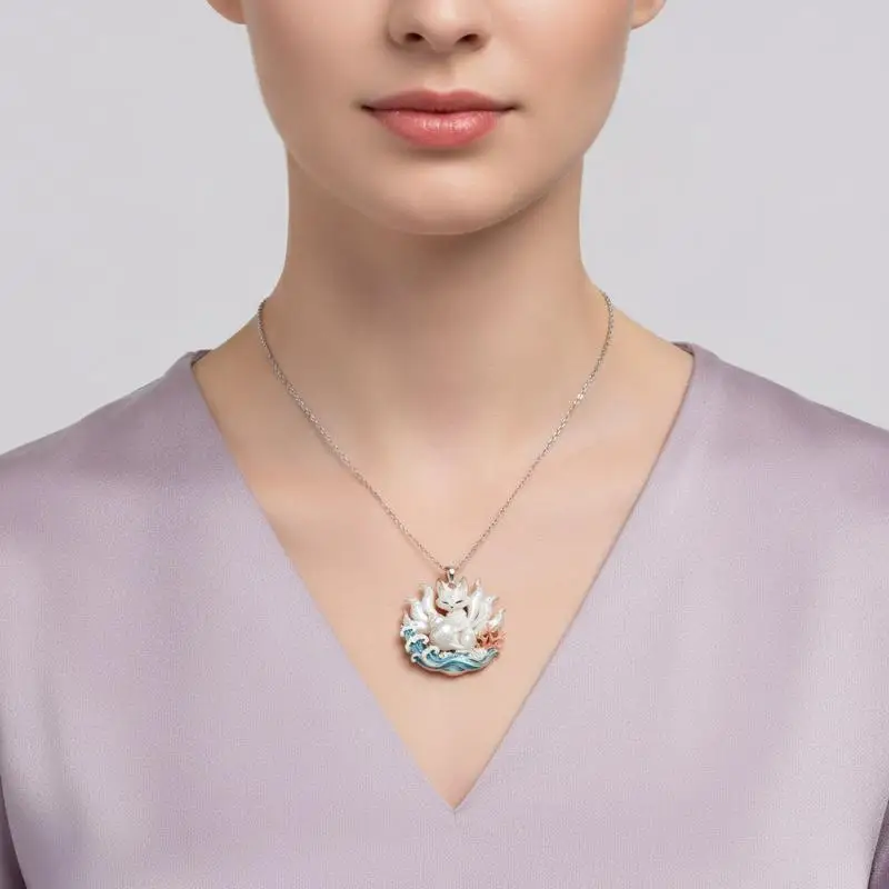 Nine-tailed Fox Enamel Pendant Necklace Artistic Chinese Mythology Design Durable Jewelry for Women Casual Daily Outfit Accesso