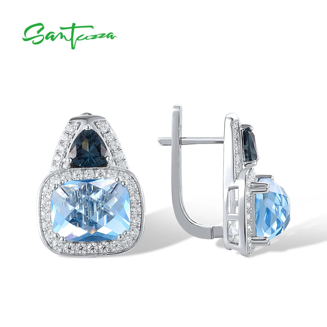 SANTUZZA Pure 925 Sterling Silver Geometric Earrings For Women Sparkling Blue Stone White Cubic Zircon Gorgeous Fine Jewelry