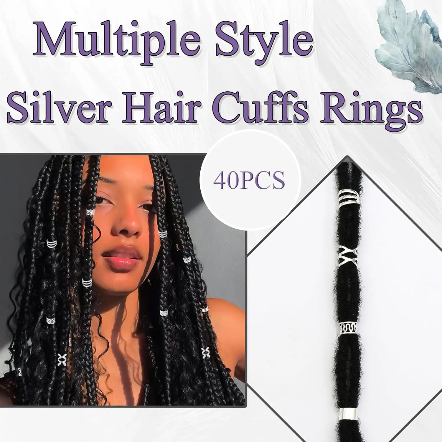 40개입 헤어 주얼리 브레이드용 실버 헤어 링 다양한 모양의 록 드레드락 비즈 조절 가능한 브레이드 액세서리 여성 및 소녀용