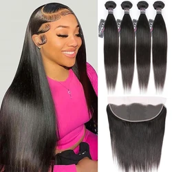 YYong capelli lisci brasiliani 4 fasci con capelli umani Remy frontali 13x4 chiusura frontale in pizzo da orecchio a orecchio con fasci