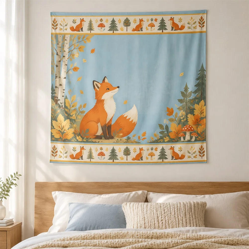 VIKAMA Forest Fox Tapestry Wall Hanging, Woodland Animal Wall Art, Woodland Decor for Bedroom Nursery Kids Room Living Room