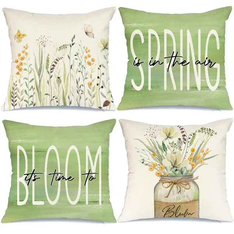 AS94-Spring Pillow Covers 18X18 Set Of 4 Spring Decorations Farmhouse Throw Pillow Home Sofa Decor Cushion Case