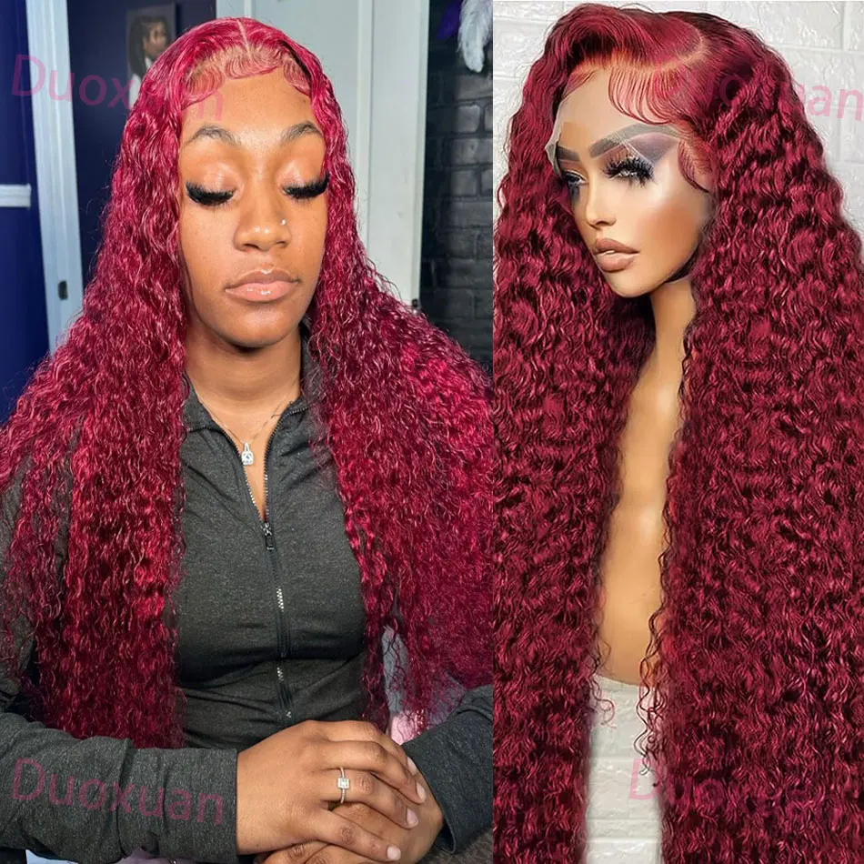 99j Borgogna Onda Profonda 13x6 Hd Parrucca Frontale Del Merletto Dei Capelli Umani Pre Pizzicati 200% Densità Onda di Acqua Vino Rosso Parrucca Riccia per Le Donne