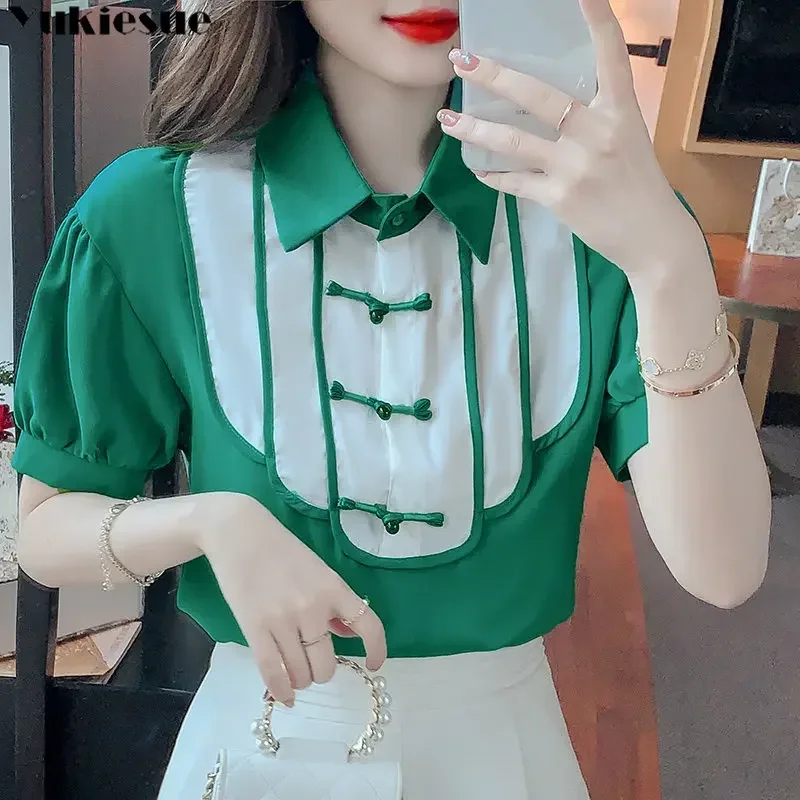 

Summer New Womens Shirt Vneck Commuting wind Harajuku Korean Design Short Sleeve Chiffon Tops Slim Contrast color Elegant Casual