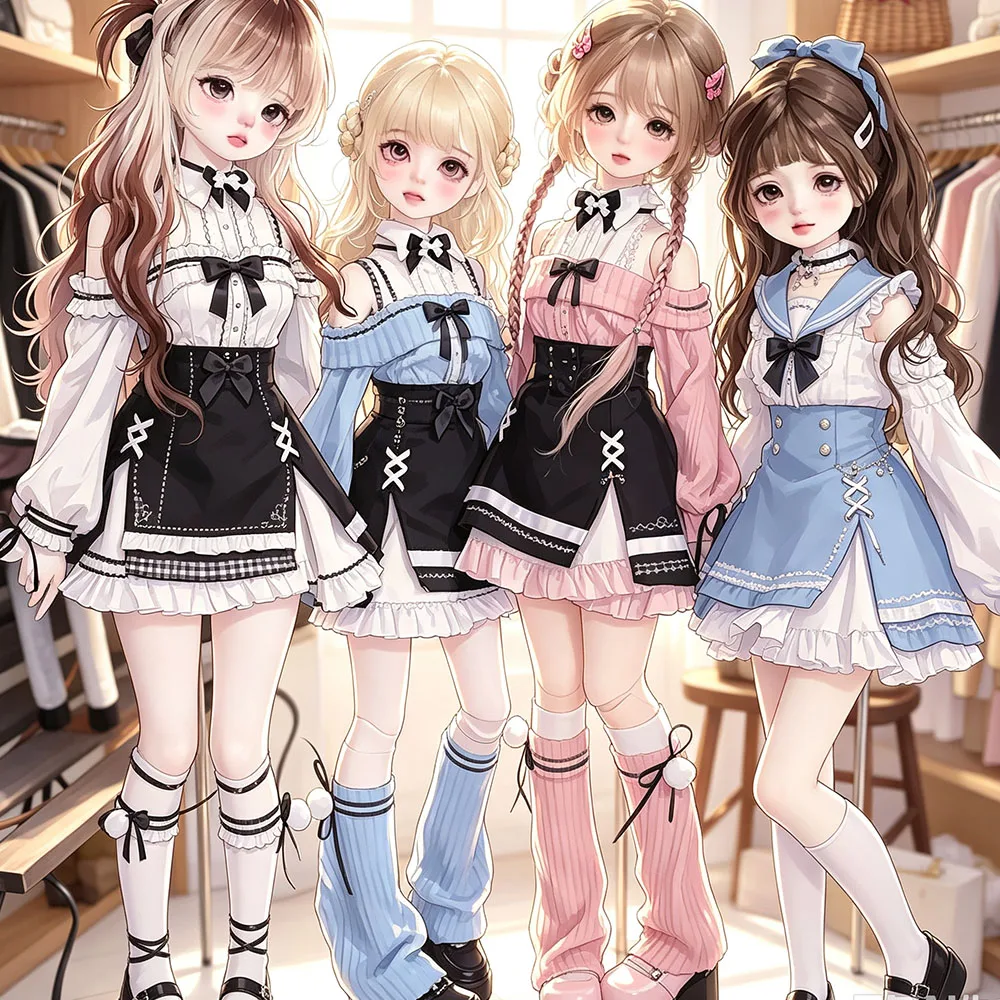 Kawaii 1/4 Doll's Clothes Suit for 40-45Cm Bjd Doll Top+Skirt+Socks+Leg Covers Girl Toys Dress Up Play House Doll Accessories