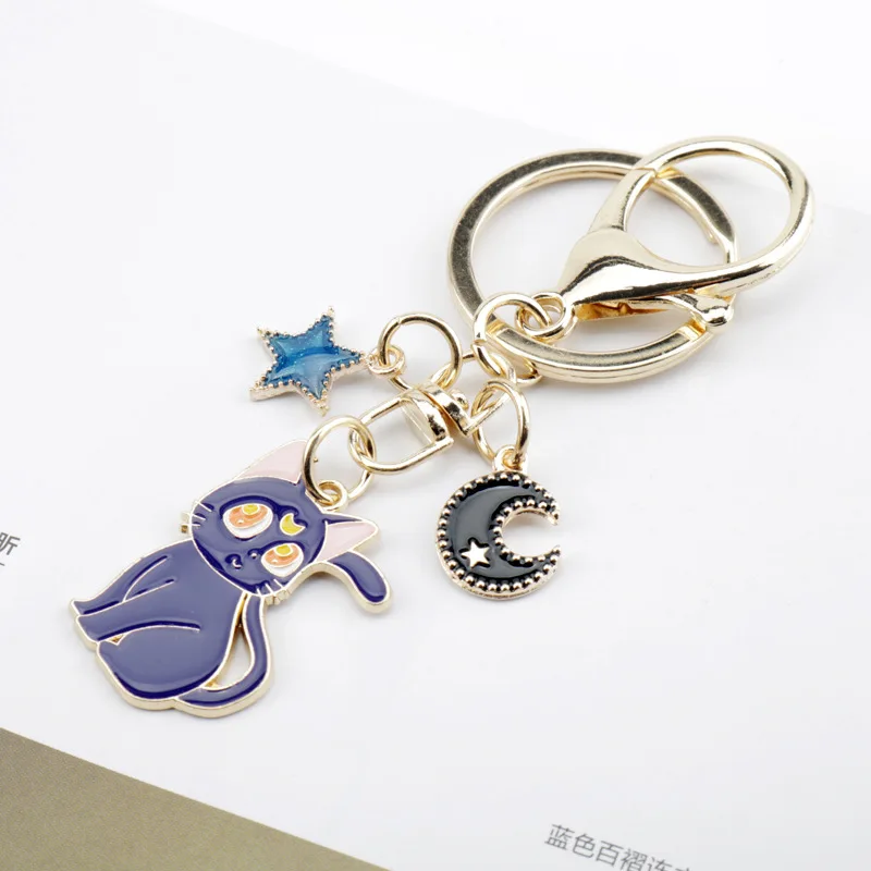 Sailor Moon Metal Keychain Luna Artemis Cat Key Ring Moon Star Couple Key Chain Pendant Trinkets Valentine\'s Day Gift Jewelry