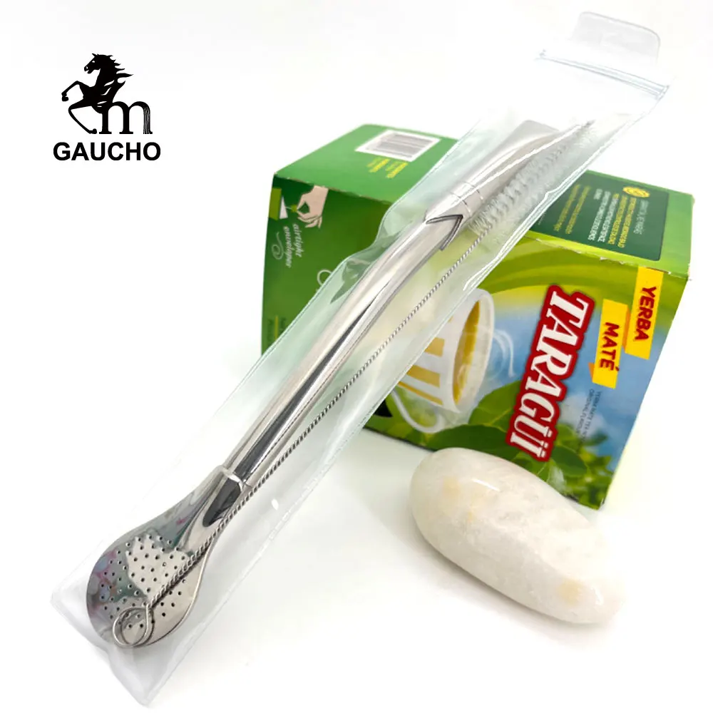 200 PCS/Lot Gaucho Yerba Mate Straw Glossy Stainless Non-removable Filter Bombilla Kitchenware With Clean Brush Wholesale