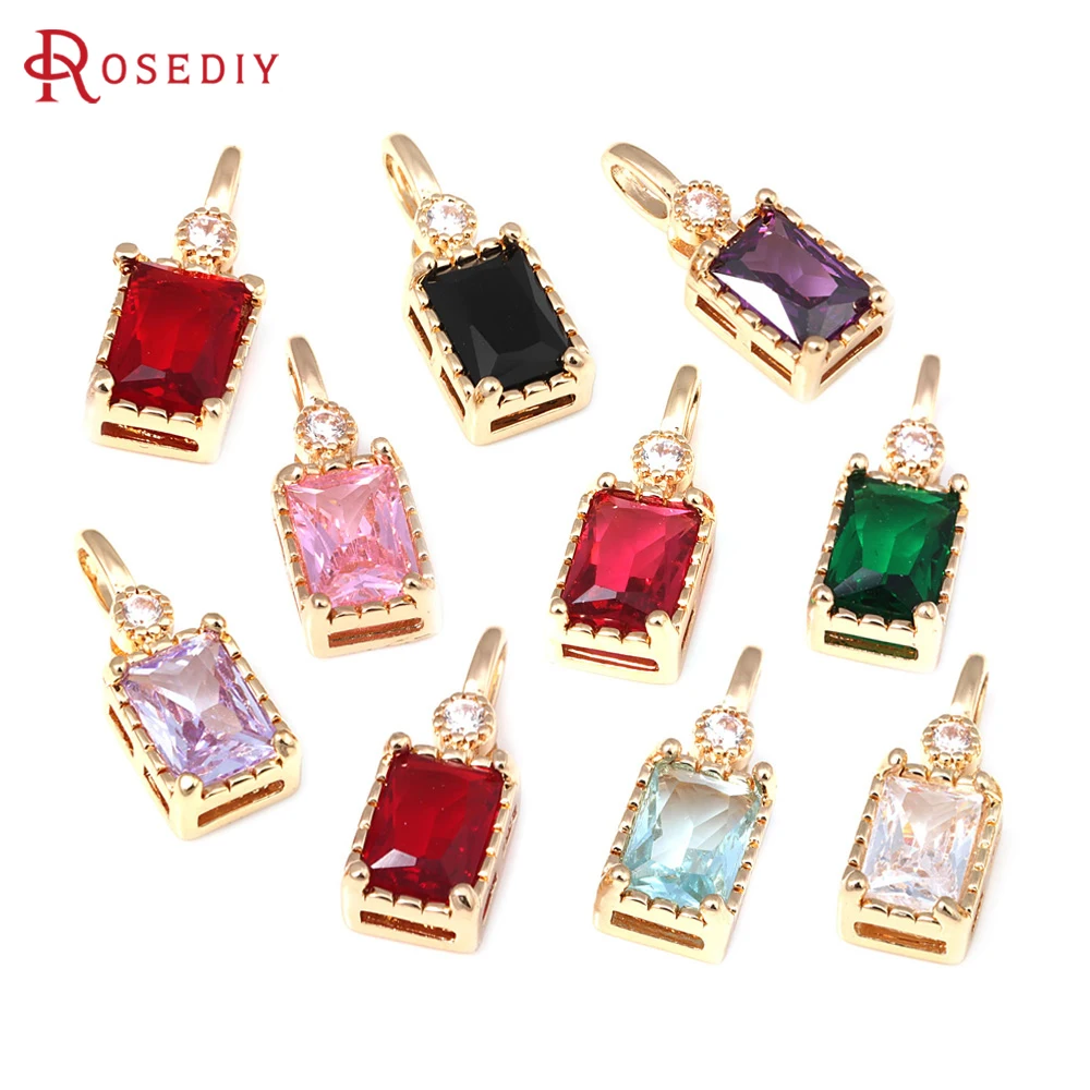 6PCS 18K Gold Color Brass Zircon Glass Large Hole Rectangle Charms Pendants Diy Jewelry Making Necklace Accessories for Women