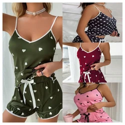 Women's Clothing Two-Piece Ice Silk Summer Suspenders Shorts Set Soft Drape Cute Print Casual Comfortable Pajamas Homewear