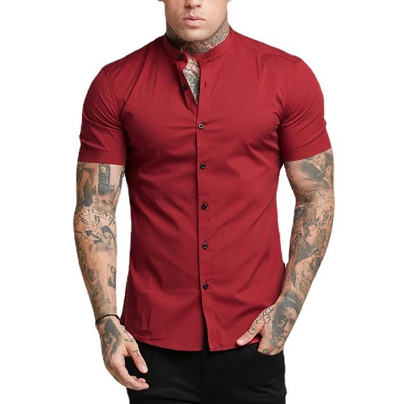 New Fashion Summer Casual Short Sleeve Shirt Men Stand Collar Super Slim Fit Business Dress Shirt Mens Button Gym Fitness Tops