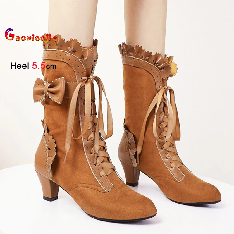 Botas de mujer de estilo moderno, botas de invierno de felpa con tacón grueso atadas, botas escolares de estilo japonés para chica, decoración con lazo a la moda, bota a media pantorrilla