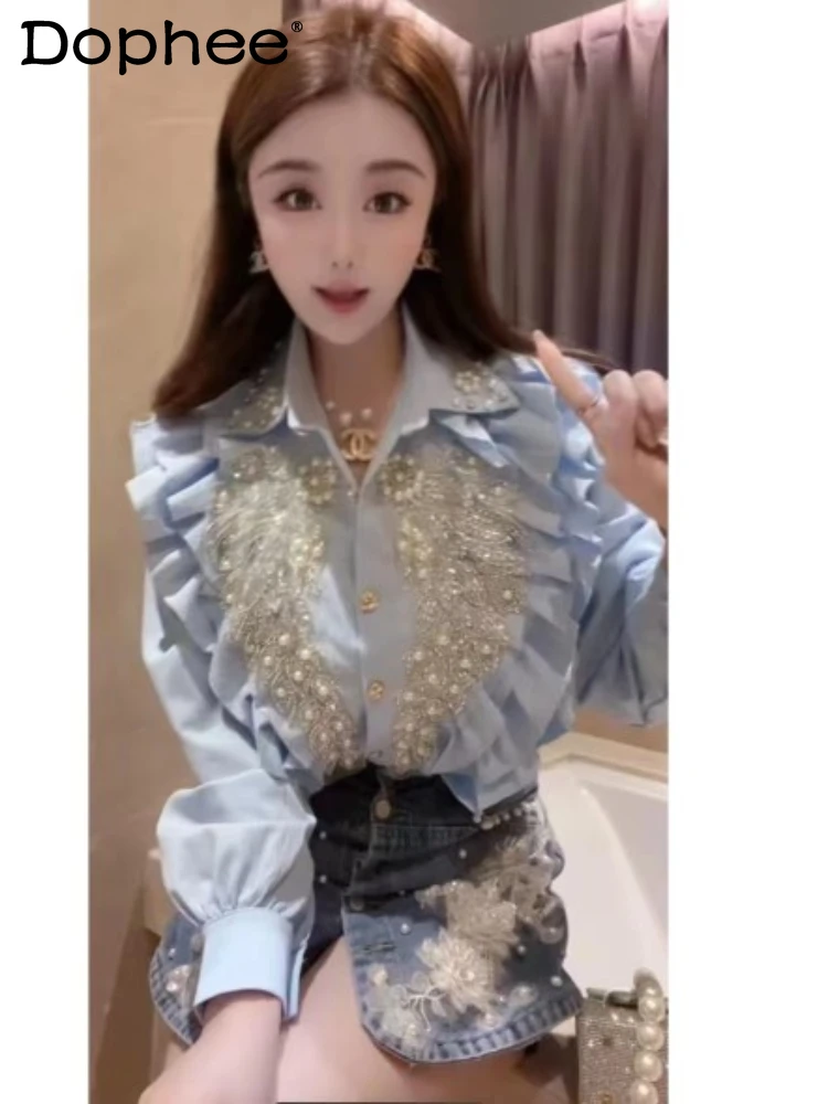 

Heavy Industry Beads Sequined Wings Shirt for Women Spring New Office Lady Ruffled Patchwork Single-Breasted Long Sleeve Top