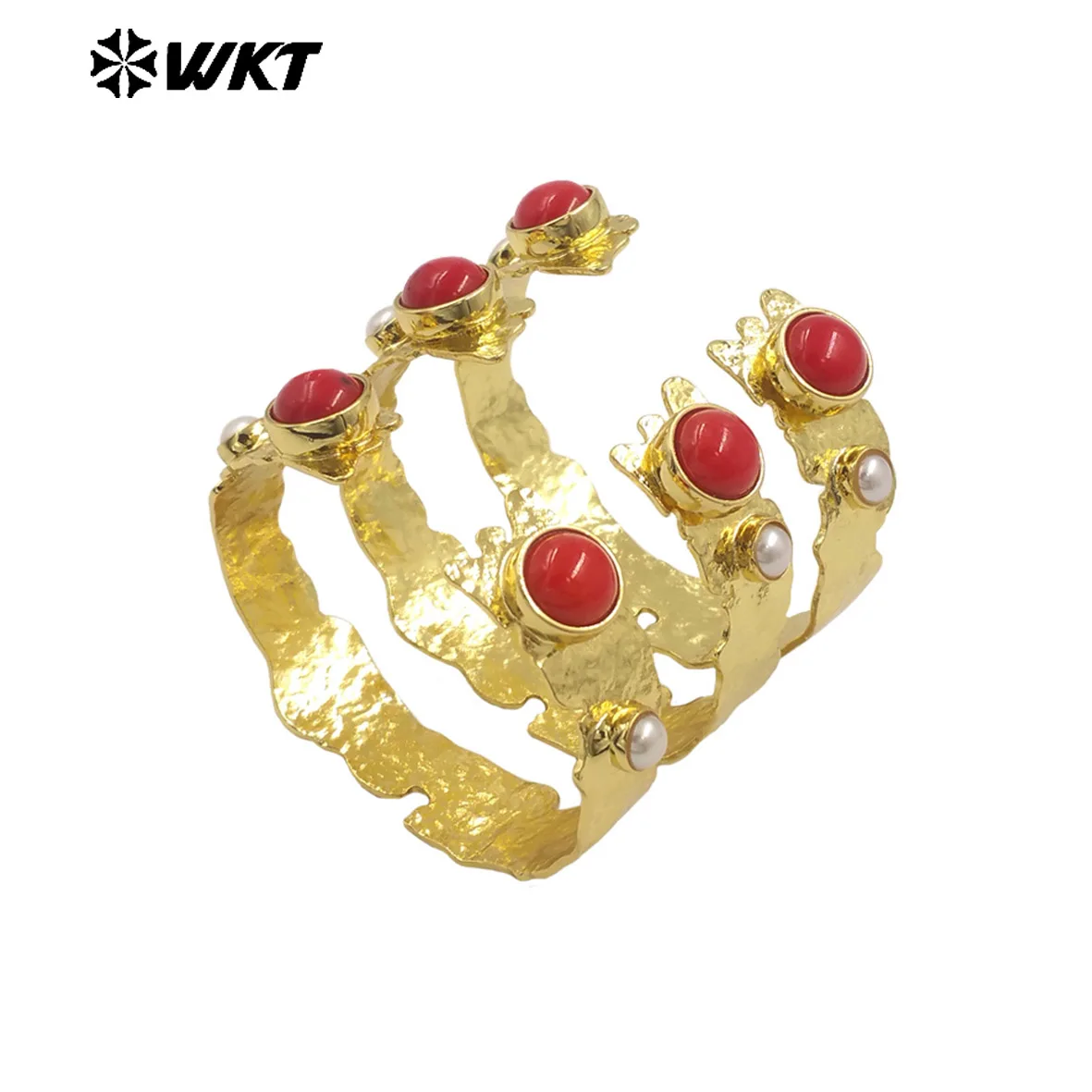 MPB110 Wholesale New Design Bohemian Vintage Natural Red Coral Double Stone Adjustable 18K Gold Plated Women Bangle