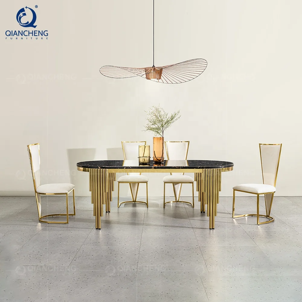 Manufacturer foshan muebles comedor dinning table chair gold Stainless steel luxury titanium chro