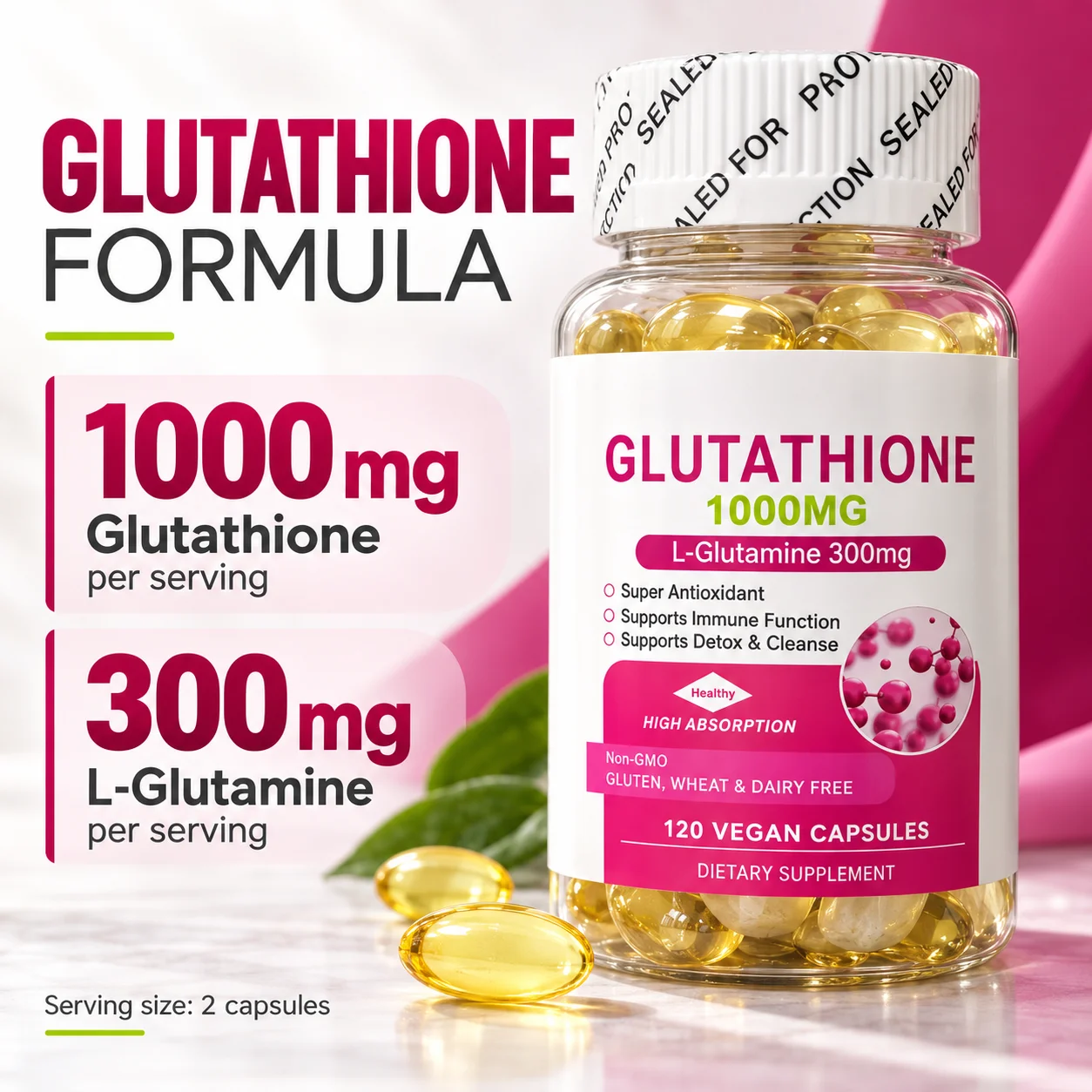 Glutathione 1000mg 120 Capsules with L-Glutamine 300mg Milk Thistle Vitamins C and D3 Daily Dietary Supplement for Men and Women