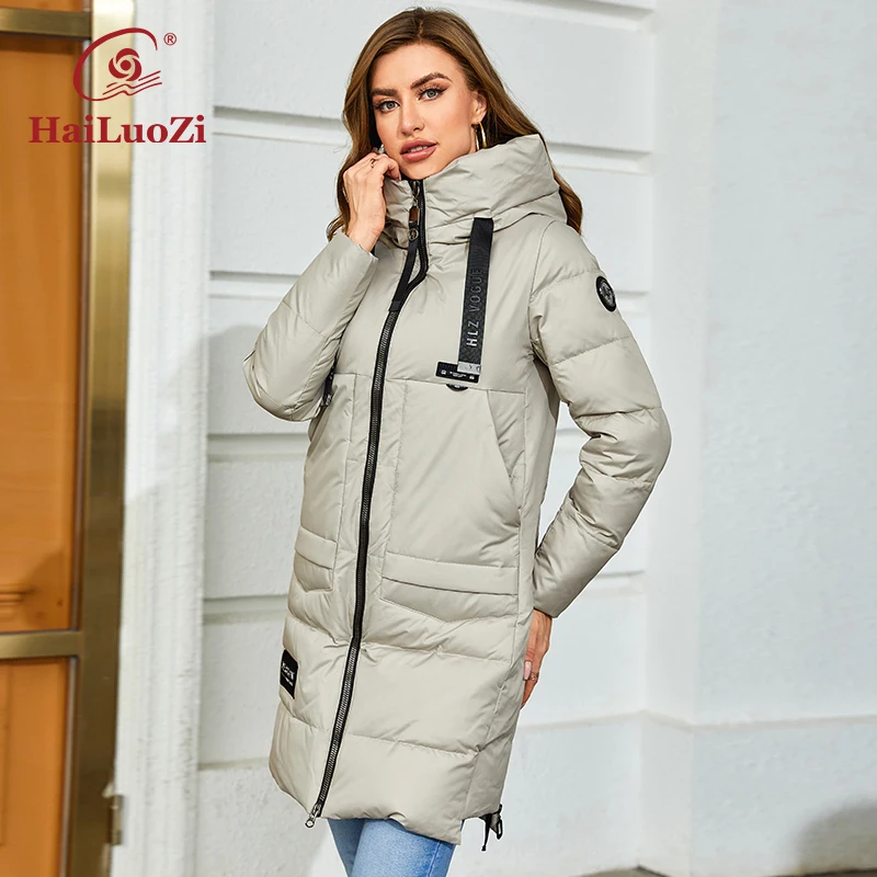 HaiLuoZi – manteau à capuche pour femme, veste d'hiver, chaude et épaisse, mi-longue, en coton Bio, fermeture éclair latérale, grandes poches, 86, nouvelle collection 2022