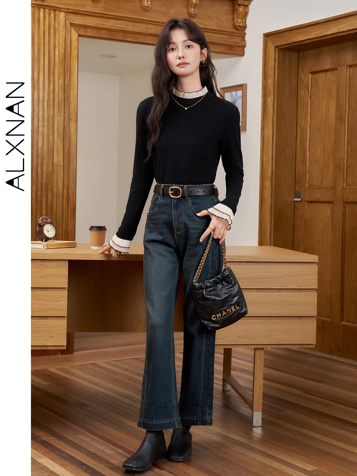 ALXNAN Vrouwen Vintage Rechte Jeans 2024 Herfst Winter Nieuwe Hoge Taille Brief Tulp Borduren Metalen Letter Knop Broek L50218