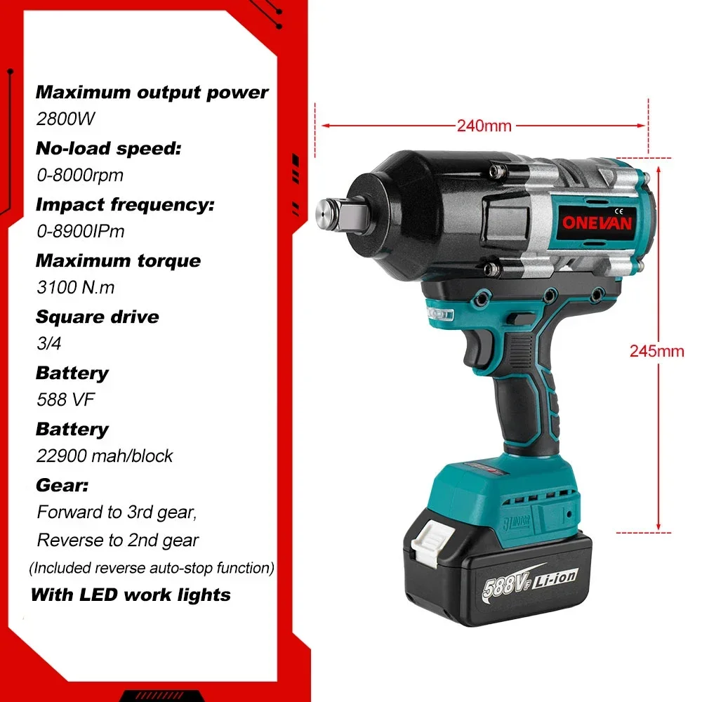 ONEVAN 3100N.M High Torque Brushless Electric Impact Wrench Screwdriver Cordless Wrench Power Tools for Makita 18V Battery