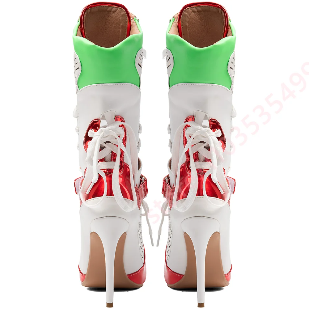 Women Color Block Ankle Boots Pointed Toe Hollow Out Stiletto Boots Patchwork Lace Up Buckle High Heels Fashion Party Stage Boot
