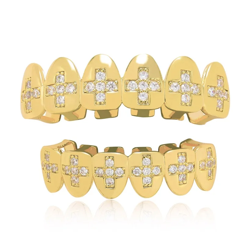 Hip Hip Iced Out Zircon Cross Tooth Grillz for Men Body Piercing Gold Cubic Zirconia Teeth Grills Vampire Christmas 8/8 Cop Set