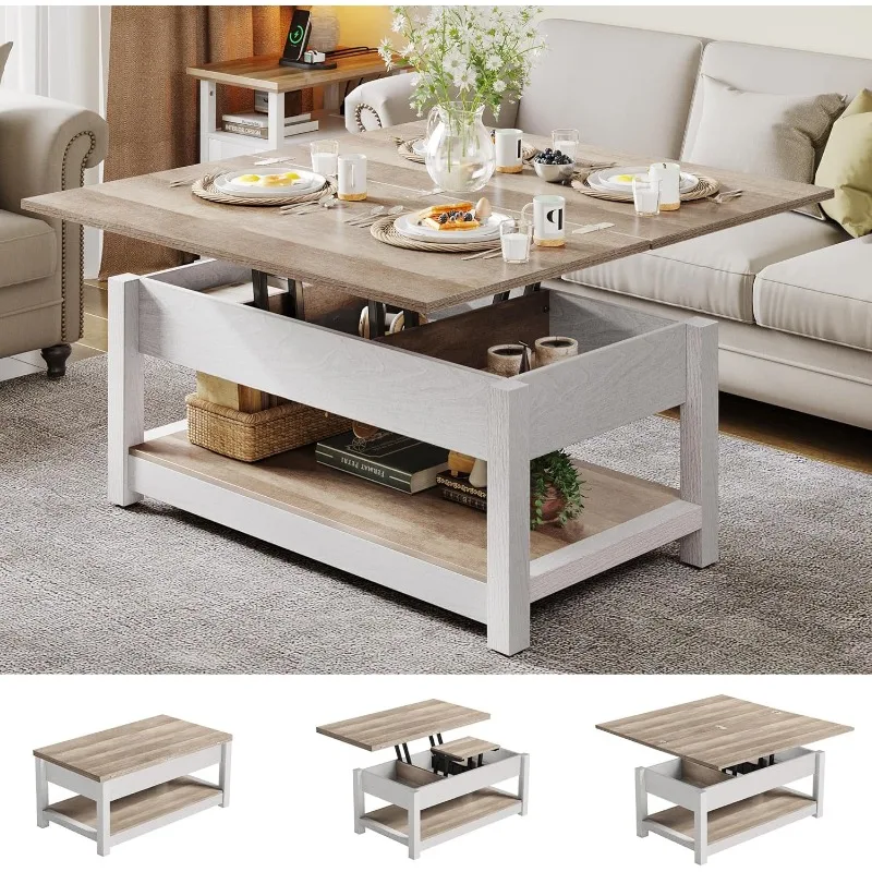 Lift Top Coffee Table, 3 in 1 Multi-Function Coffee Tables with Storage for Living Room, Farmhouse Modern Dining Table,Grey Wash